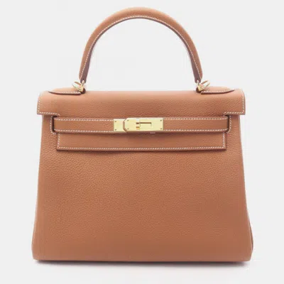 Pre-owned Hermes Kelly 28 Gold Togo Leather Tote Bag In Brown