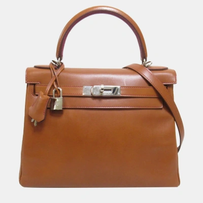 Pre-owned Hermes Kelly 28 Handbag Inside Stitch Brown Box Calf Leather
