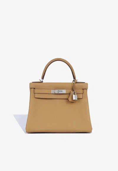 Hermes Kelly 28 In Biscuit Clemence Leather With Palladium Hardware