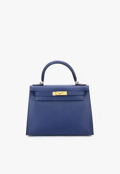 Hermes Kelly 28 In Bleu Saphir Epsom Leather With Gold Hardware In Brown