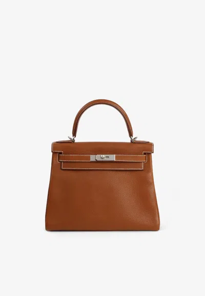 Hermes Kelly 28 In Fauve Barenia Faubourg With Palladium Hardware