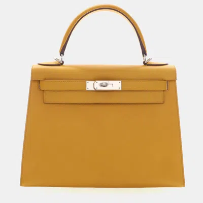 Pre-owned Hermes Kelly 28 Jaune Ambre Epsom Leather Sellier Top Handle Bag In Yellow