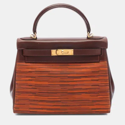 Pre-owned Hermes Kelly 28 Orange /brown Vibrato Leather Top Handle Bag