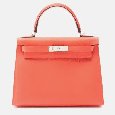 Pre-owned Hermes Kelly 28 Shoulder Handbag Epsom Leather Rose Texas In Orange