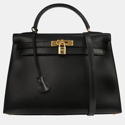 Pre-owned Hermes Kelly 32 Black Box Calfskin Leather Sellier Top Handle Bag
