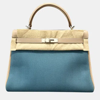 Pre-owned Hermes Kelly 32 Diamond Grey Denim Blue Canvas Brushed