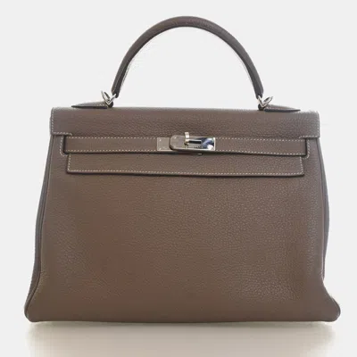 Pre-owned Hermes Kelly 32 Etoupe Togo Calfskin Leather Top Handle Bag In Beige