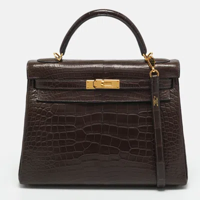 Pre-owned Hermes Kelly 32 Gold Finish Ebene Crocodile Bag In Brown