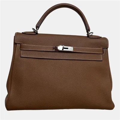 Pre-owned Hermes Kelly 32 Gold Leather Shoulder Bag In Brown