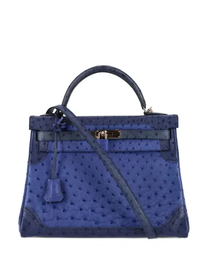 Pre-owned Hermes Kelly 32 Ostrich-leather Tote Bag In Blue