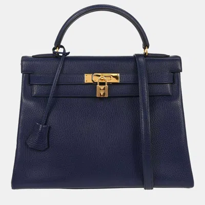 Pre-owned Hermes Kelly 32 Retourne 2way Blue Indigo Ardennes Handbag