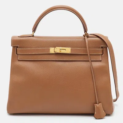 Pre-owned Hermes Kelly 32 Retourne Gold Finish Gold Epsom Leather Top Handle Bag In Brown
