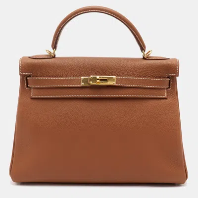 Pre-owned Hermes Hermès Kelly 32 Retourne Gold Finish Gold Taurillon Clemence Leather Top Handle Bag In Brown