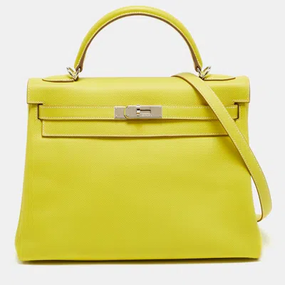 Pre-owned Hermes Kelly 32 Retourne Palladium Finish Lime/gris Perle Epsom Leather Top Handle Bag In Yellow