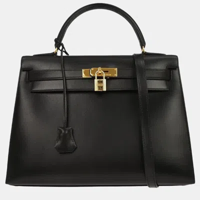 Pre-owned Hermes Kelly 32 Sellier Black Box Calfskin Leather Top Handle Bag