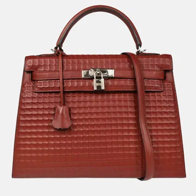 Pre-owned Hermes Kelly 32 Sellier Rouge H Ever Deutch Waffle Handbag In Red