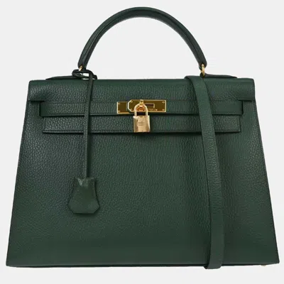 Pre-owned Hermes Kelly 32 Sellier Vert Ardennes Handbag In Green