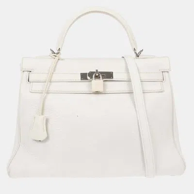 Pre-owned Hermes Kelly 32 White Taurillon Clemence Leather Retourne Top Handle Bag