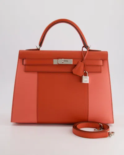 Hermes Kelly 32cm Bag Sellier Flag In Flamingo And Coral Epsom Leather With Palladium Hardware In Orange