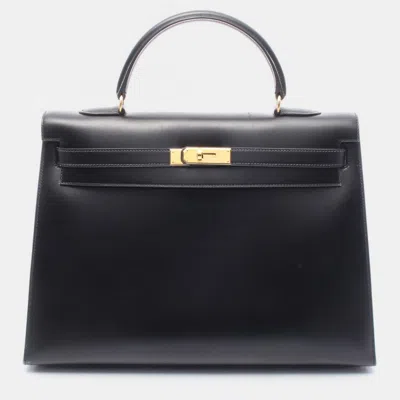 Pre-owned Hermes Kelly 35 Black Box Calf Leather Handbag