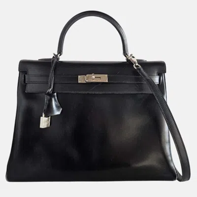 Pre-owned Hermes Kelly 35 Box Leather Palladium Hardware Bag In Black