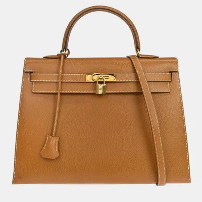 Pre-owned Hermes Kelly 35 Natural Sable Ardennes Calfskin Leather Sellier Top Handle Bag In Brown