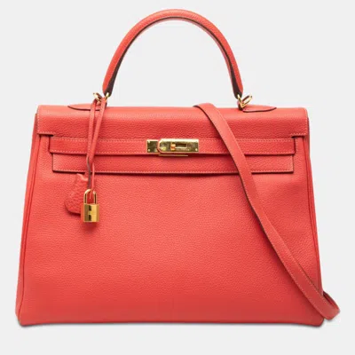 Pre-owned Hermes Kelly 35 Rose Jaipur Clemence Leather Top Handle Bag In Orange