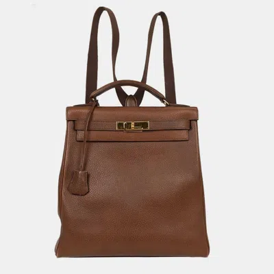 Pre-owned Hermes Kelly A Dos Gm Marron Fonce Ardennes Backpack In Brown