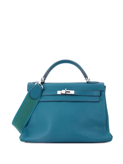 Pre-owned Hermes Kelly Amazone Handbag Blue Clemence With Palladium Hardware 32 Satchel