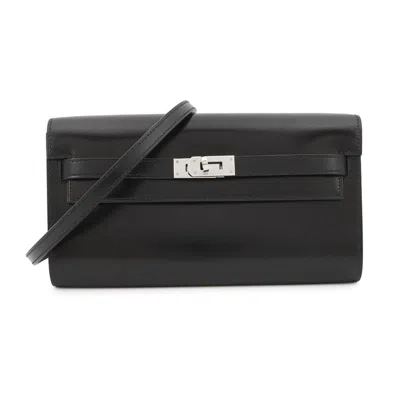 Pre-owned Hermes Kelly Black Box Calf Leather Long Wallet (bi-fold) ()