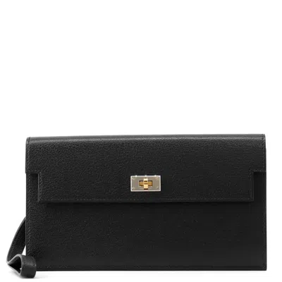 Pre-owned Hermes Kelly Black Chevre Leather Long Wallet (bi-fold) ()