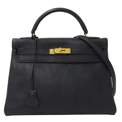 Pre-owned Hermes Kelly Black White Togo Leather Handbag Shoulder Bag ()