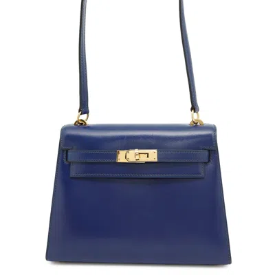 Pre-owned Hermes Kelly Bleu Saphir Box Calf Leather Shoulder Bag () In Blue