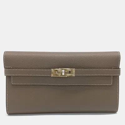 Pre-owned Hermes Kelly Brown Leather Long Wallet (a)