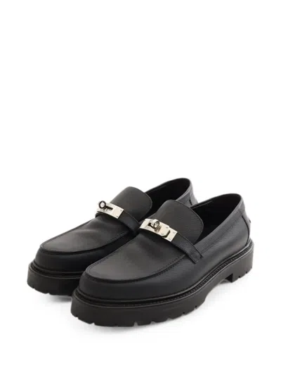 Pre-owned Hermes Kelly Buckle Leather Loafers In Black