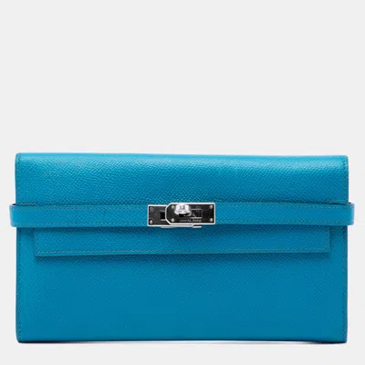 Pre-owned Hermes Kelly Classic Long Bleu Azteque Epsom Leather Wallet Bag In Blue