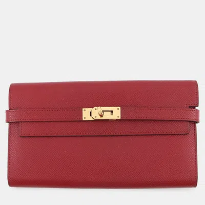 Pre-owned Hermes Kelly Classique Rouge Grenat Epsom Calfskin Leather Long Wallet In Red