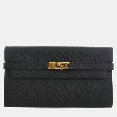 Pre-owned Hermes Kelly Classique To Go Noir Epsom Calfskin Leather Gold Hardware Long Wallet Bag In Black