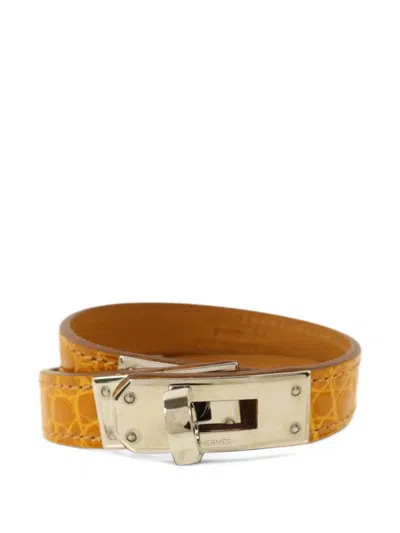 Pre-owned Hermes Kelly Crocodile-effect Double-tour Bracelet In Gold