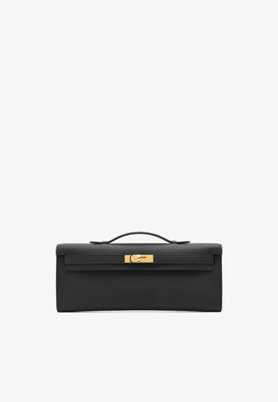Pre-owned Hermes Kelly Cut Clutch Bag In Black Swift Leather With Gold Hardware