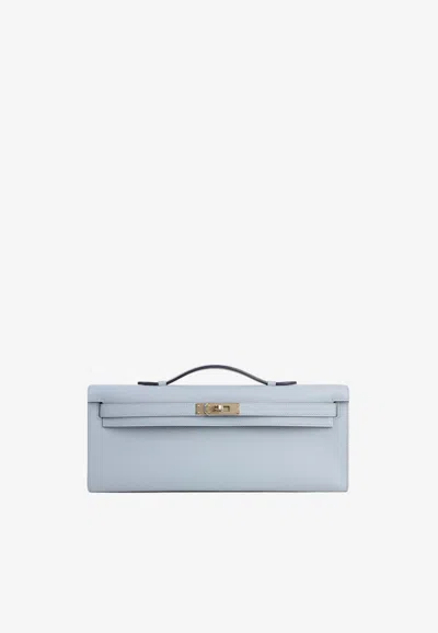 Pre-owned Hermes Kelly Cut Clutch Bag In Bleu Glacier Epsom Leather With Permabrass Hardware In Blue