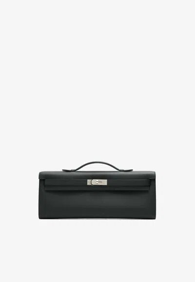 Hermes Kelly Cut Clutch In Black Swift With Palladium Hardware