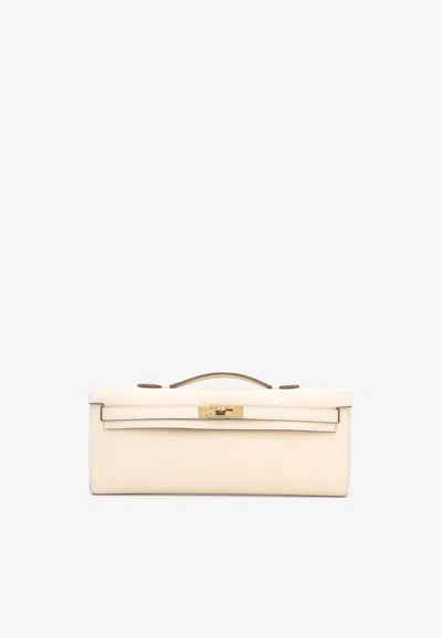 Hermes Kelly Cut Clutch In Craie Swift Leather With Permabrass Hardware In White