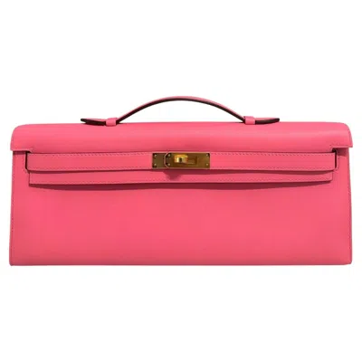 Pre-owned Hermes Kelly Cut Clutch Rose Azalee Azalea Pink Swift Leather Gold Hardware Rare In Red