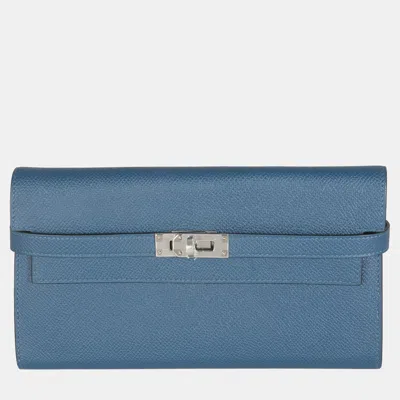 Pre-owned Hermes Kelly Deep Bleu Vert Bosphore Verso Epsom Wallet Phw In Blue