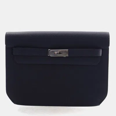 Pre-owned Hermes Kelly Depeches 25 Bleu Nuit Togo Calfskin Leather Clutch Bag In Black