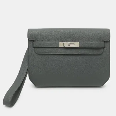 Pre-owned Hermes Kelly Depeches 25 Grey Leather Pouch