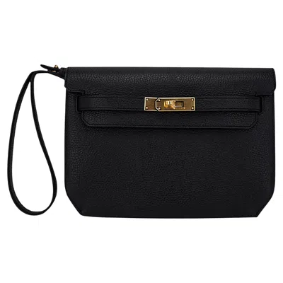 Pre-owned Hermes Kelly Depeches 25 Pouch Black Galop D' Gold Hardware