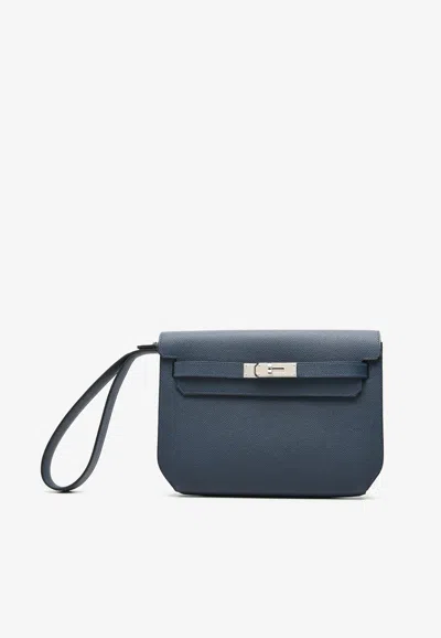 Hermes Kelly Depeches 25 Pouch In Bleu Abysse Epsom With Palladium Hardware In Blue