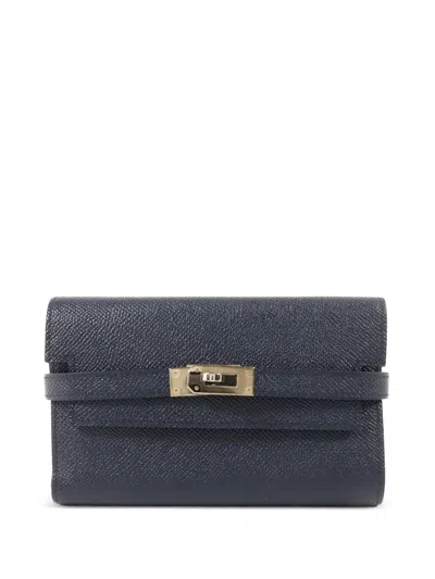 Pre-owned Hermes Kelly Depliant Leather Wallet In Blue